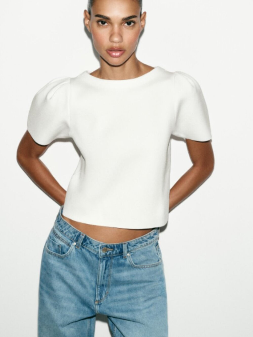 Zara White Puff Sleeve Knit Top NWT S